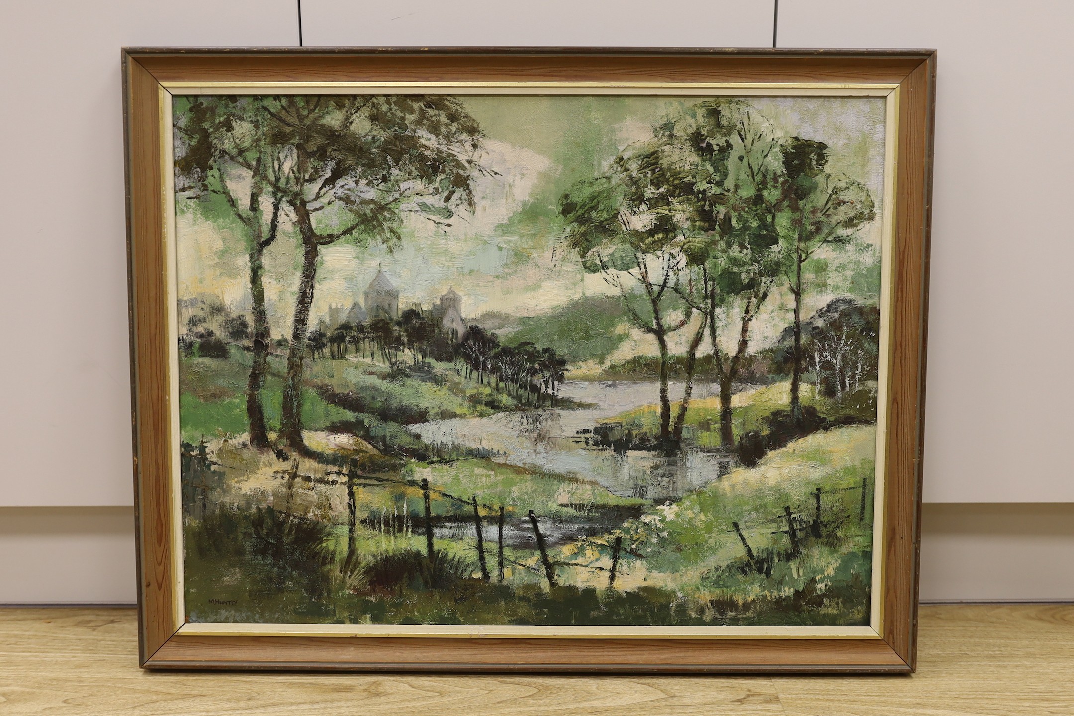 M. Huntly, oil on board, French river landscape, signed, 57 x 75cm